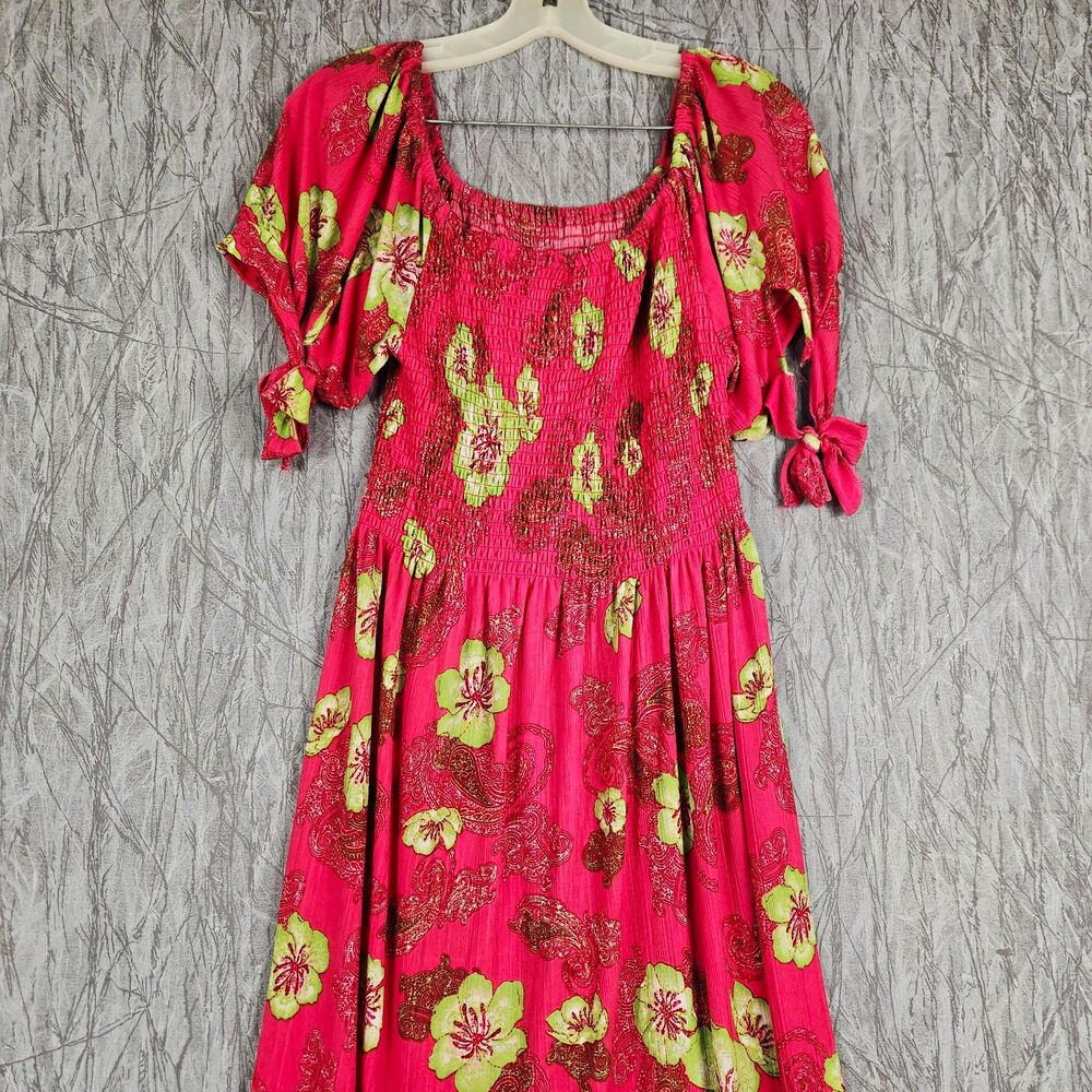 Women's Pink & Green Floral Smocked Maxi Dress Size XL Boho Retro Colquette